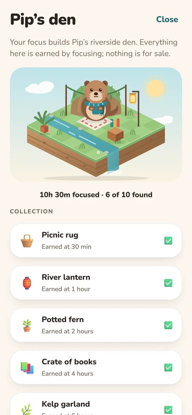 Pip's den with its collection of earned items